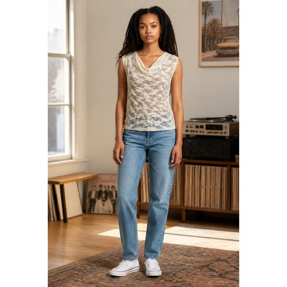 hyfve Tops - Hyfve sheer ivory floral lace cowl neck sleeveless blouse size Medium